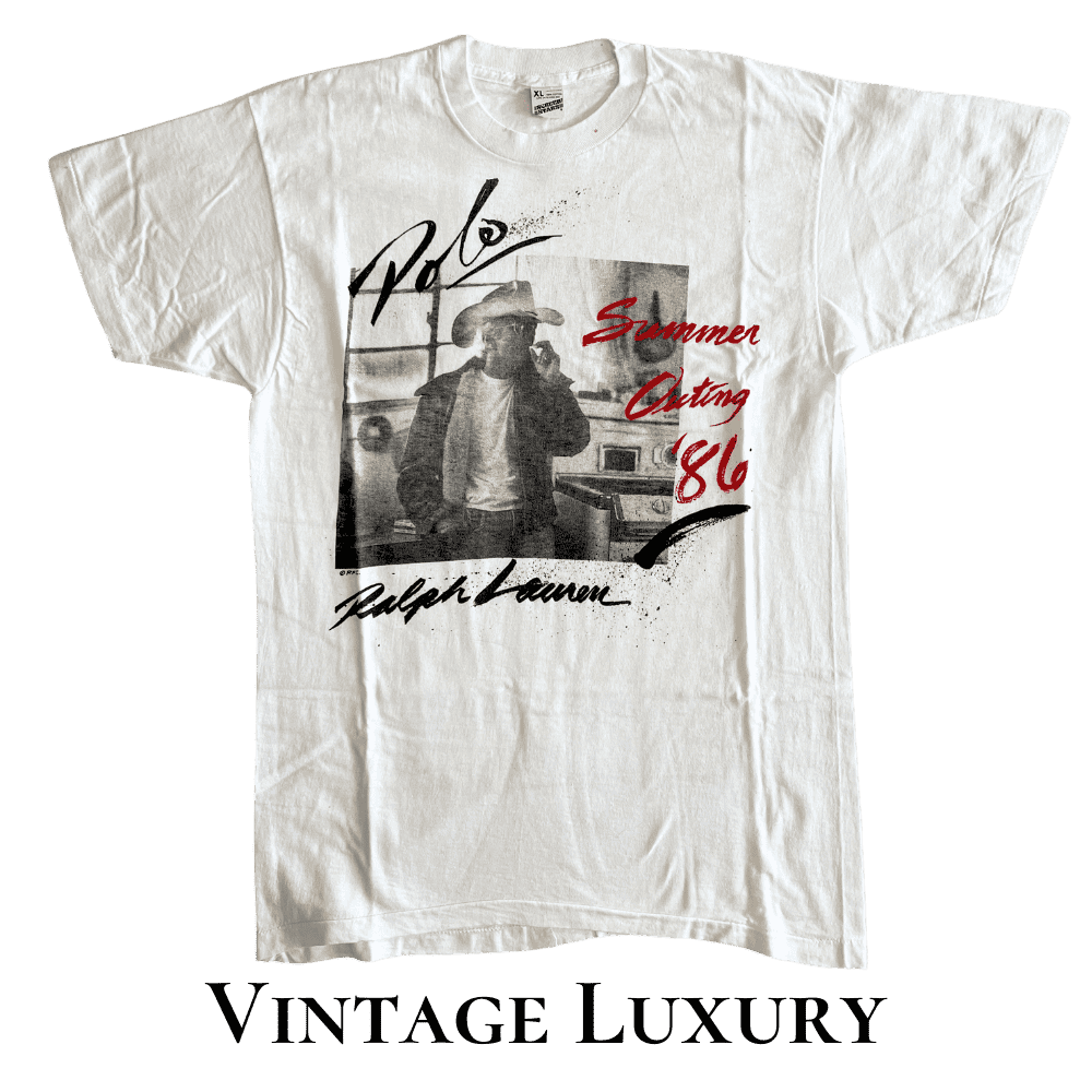 Rare 1986 Ralph Lauren employees-only t-shirt featuring Ralph smoking a cigarette at his Colorado ranch