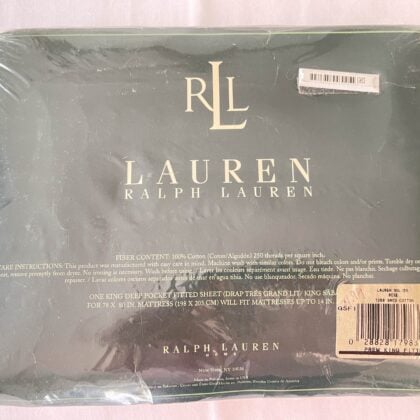 Close-up of Ralph Lauren Lauren’s Solids Rose king fitted sheet packaging showing 100% cotton 250 thread count.
