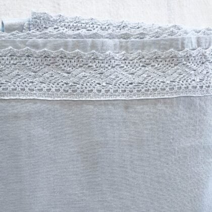 Close-up top-down view of Rachel Ashwell Simply Shabby Chic pale blue king flat sheet showing crochet trim detail along the top edge