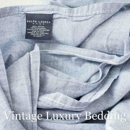 Rumpled Polo Ralph Lauren denim sheet top-down shot with navy Ralph Lauren tag visible