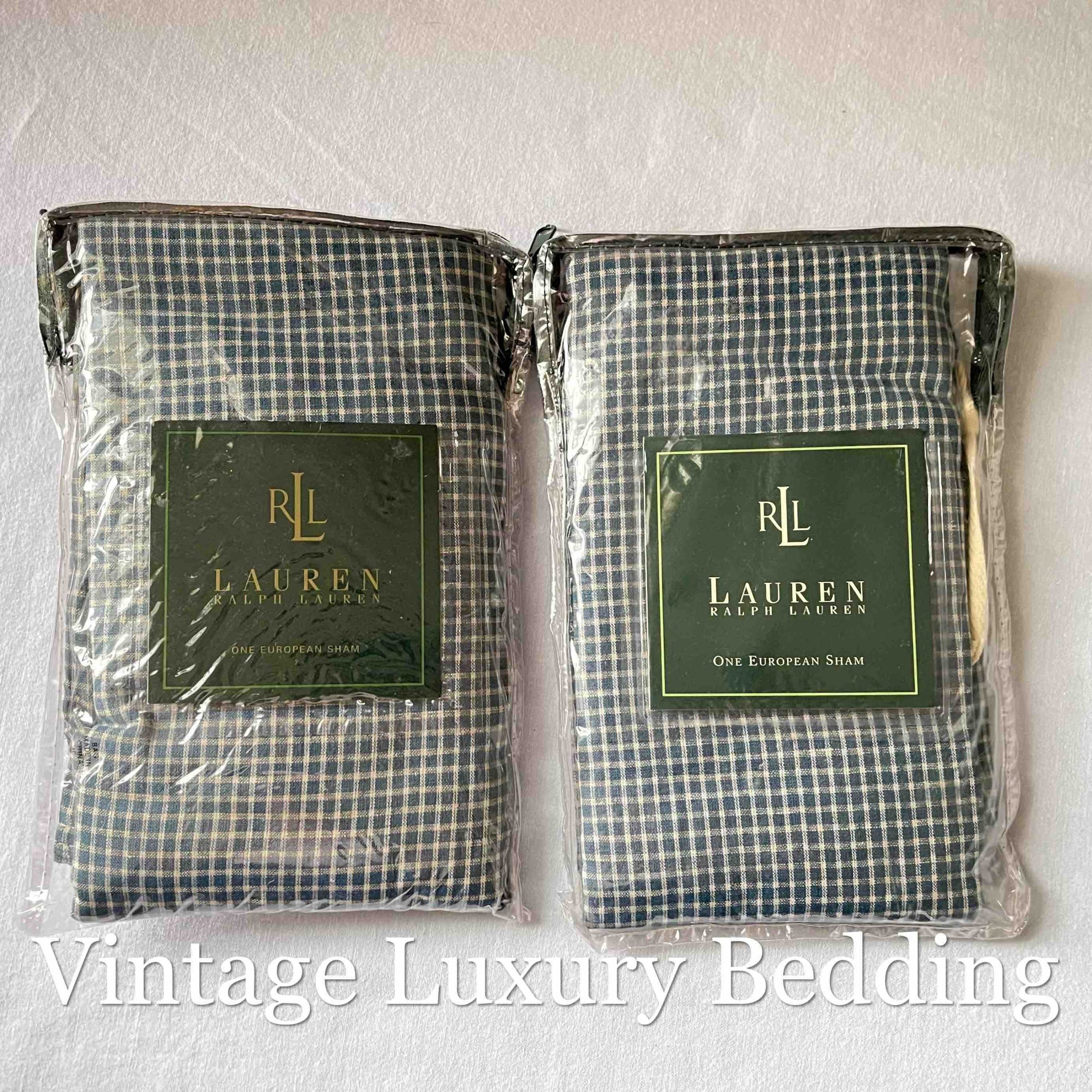 Top-down photo of the pair of Ralph Lauren Chadwick Blue Check Euro Shams in original 1990s packaging.
