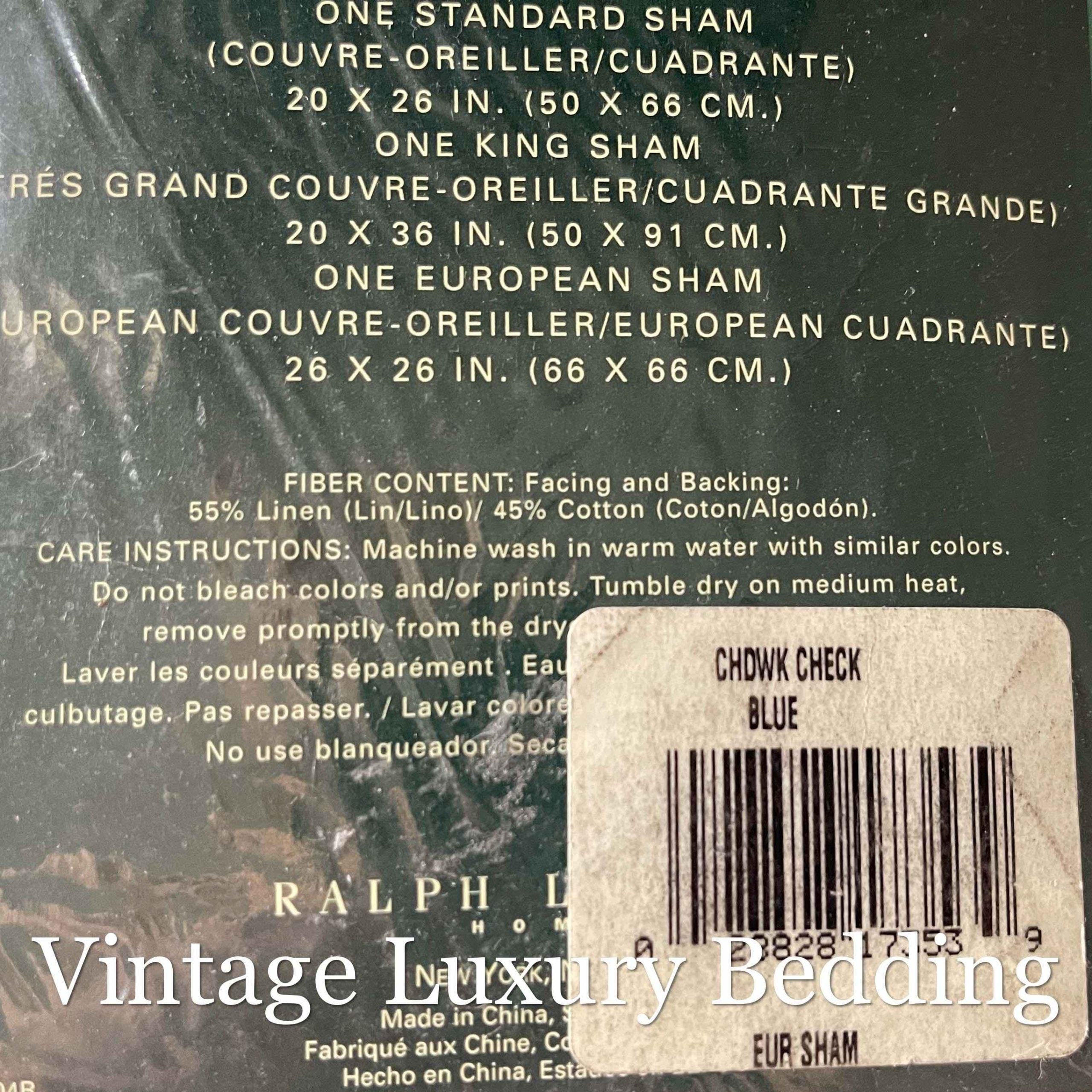 Close-up of the original Ralph Lauren scanner label reading “Chadwick Check Blue Euro Sham.”