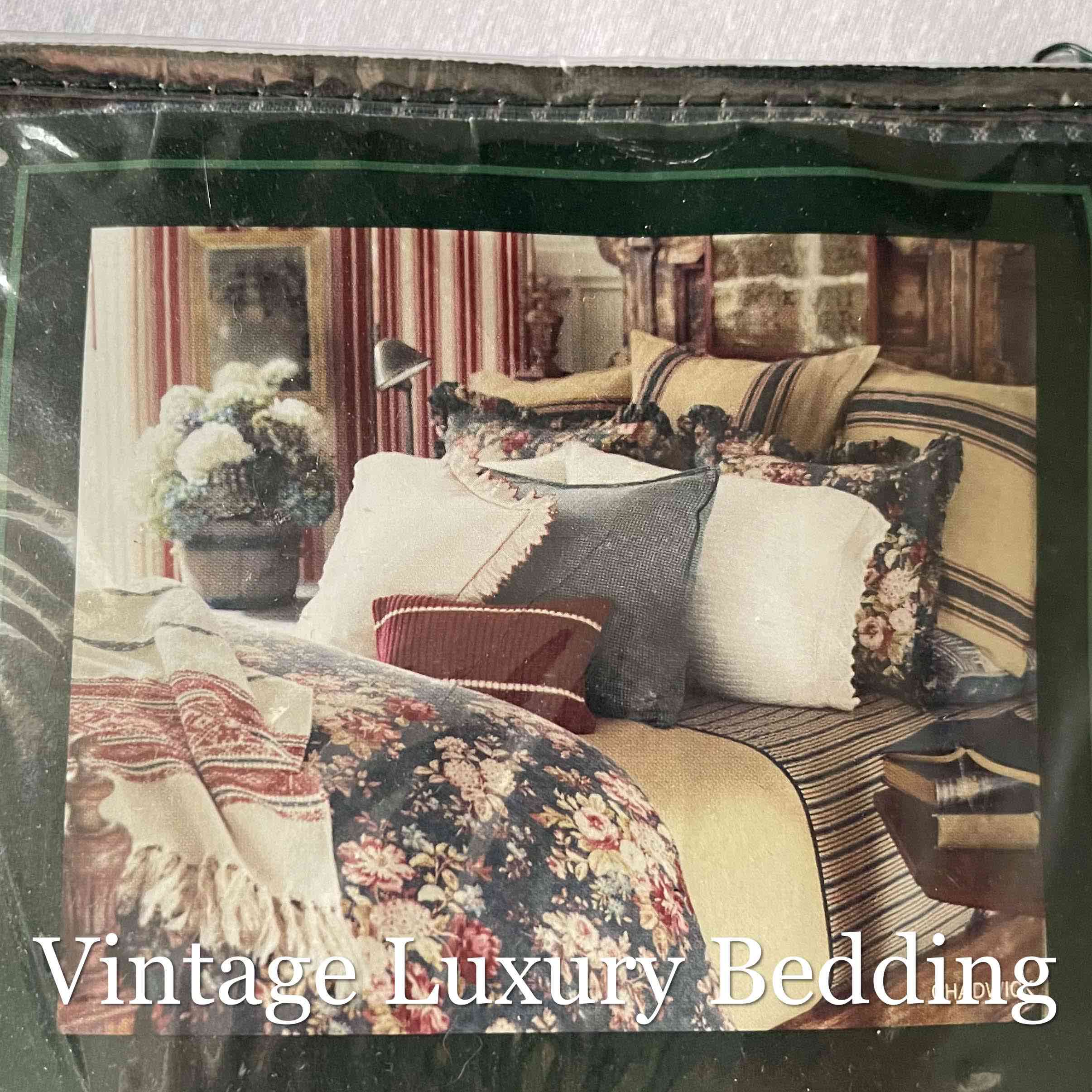 Back of the original Ralph Lauren packaging placard showing the 1990s Chadwick Blue Check bedding styled on a bed.