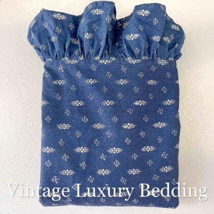 Polo Ralph Lauren Shelley Indigo queen flat sheet top view showing indigo background with white diamond and line pattern
