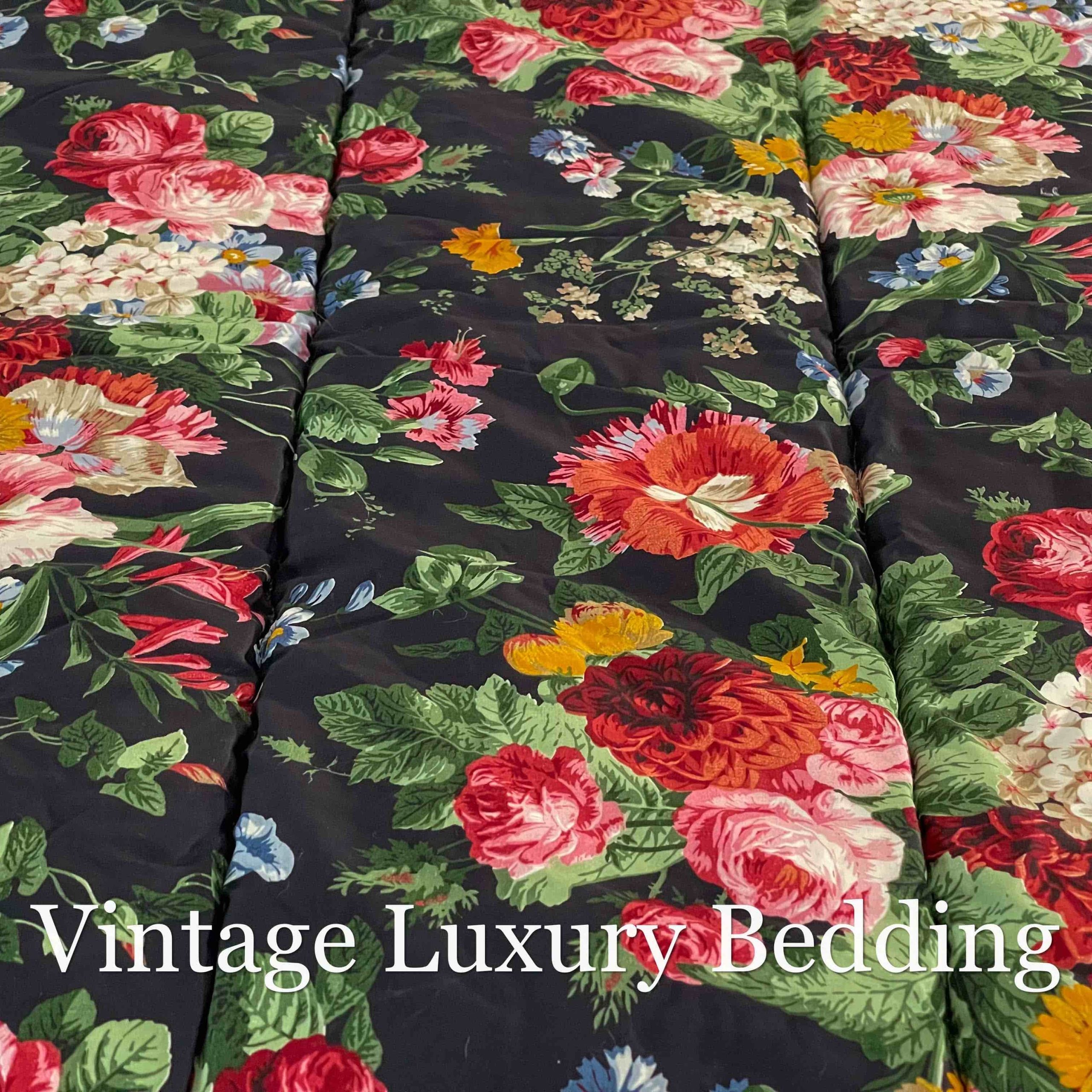 Medium top-down shot of the rare retired Ralph Lauren Isadora Collection Cossette Floral king comforter from the Ralph Lauren Home line, showing the repeating floral pattern across the top surface.