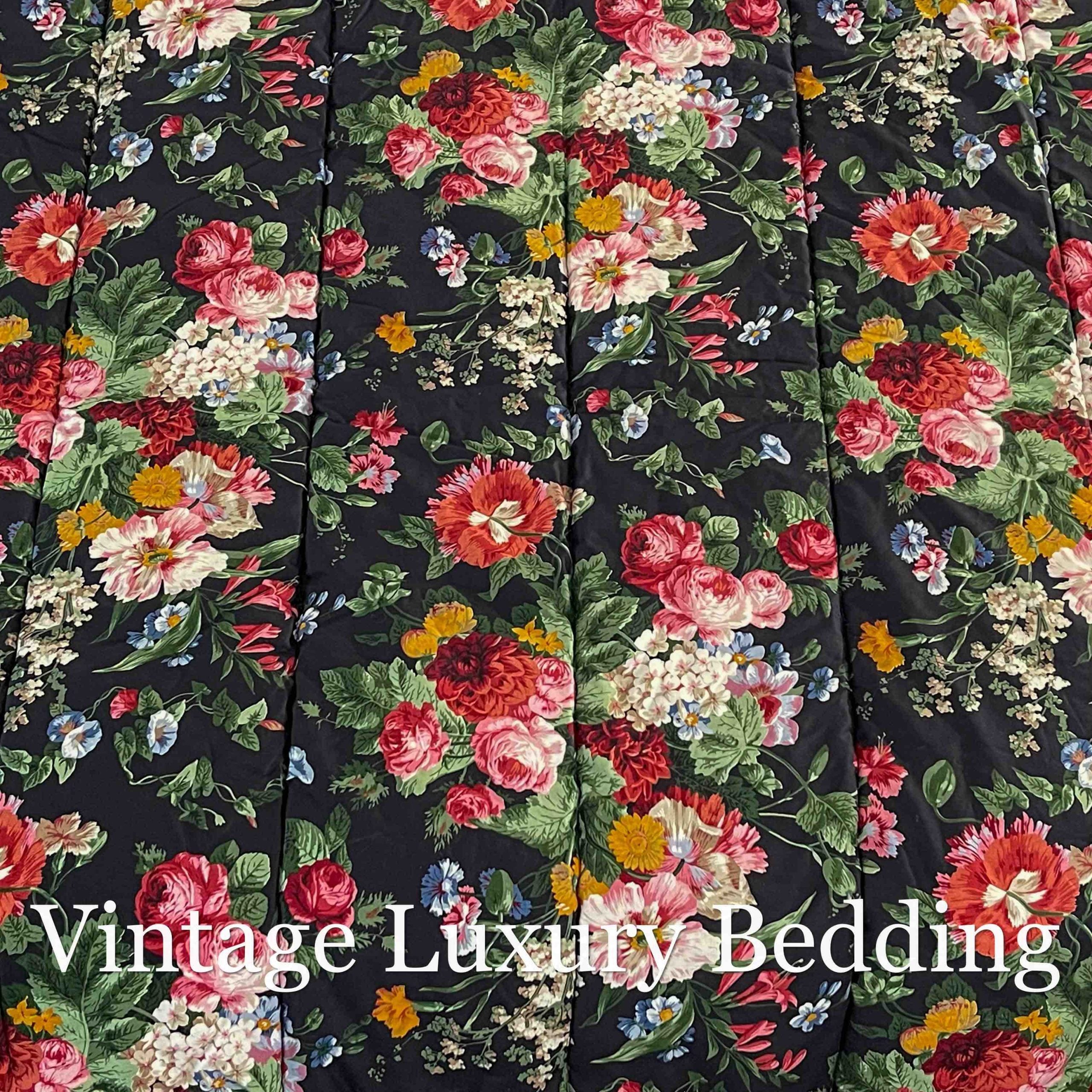 Another top-down close-up of the Ralph Lauren Isadora Collection Cossette Floral king comforter from the Ralph Lauren Home line, focusing on the vibrant peonies, roses, and multicolored wildflowers on the black background.