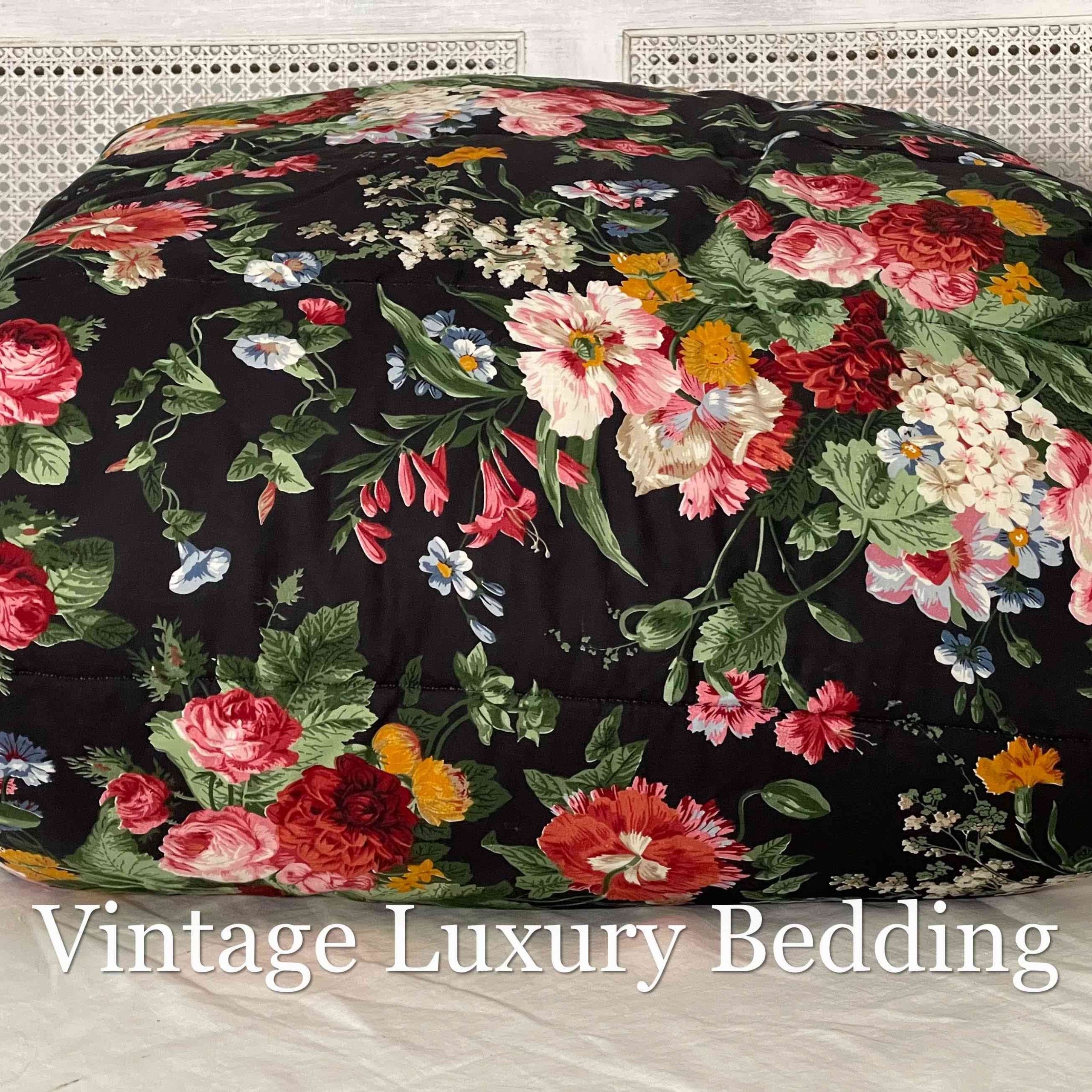 Front view of vintage Ralph Lauren Cossette King comforter with romantic rose floral pattern