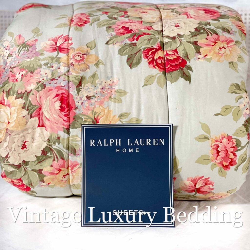 Front view of rare vintage Ralph Lauren Stone Harbor Aqua comforter with visible floral pattern