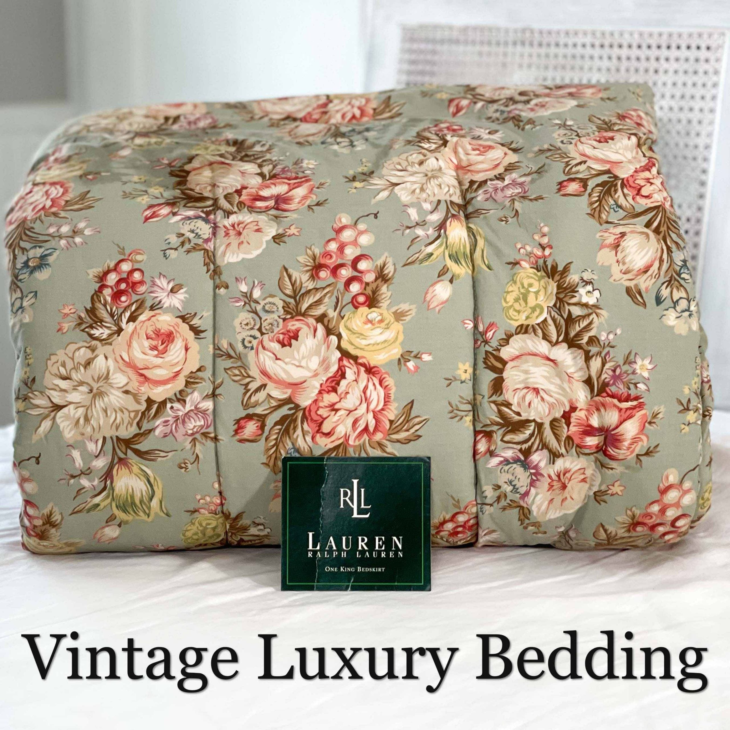 Side view of the rare Ralph Lauren Charlotte queen comforter with authentic Ralph Lauren placard displayed, featuring vintage green floral design.