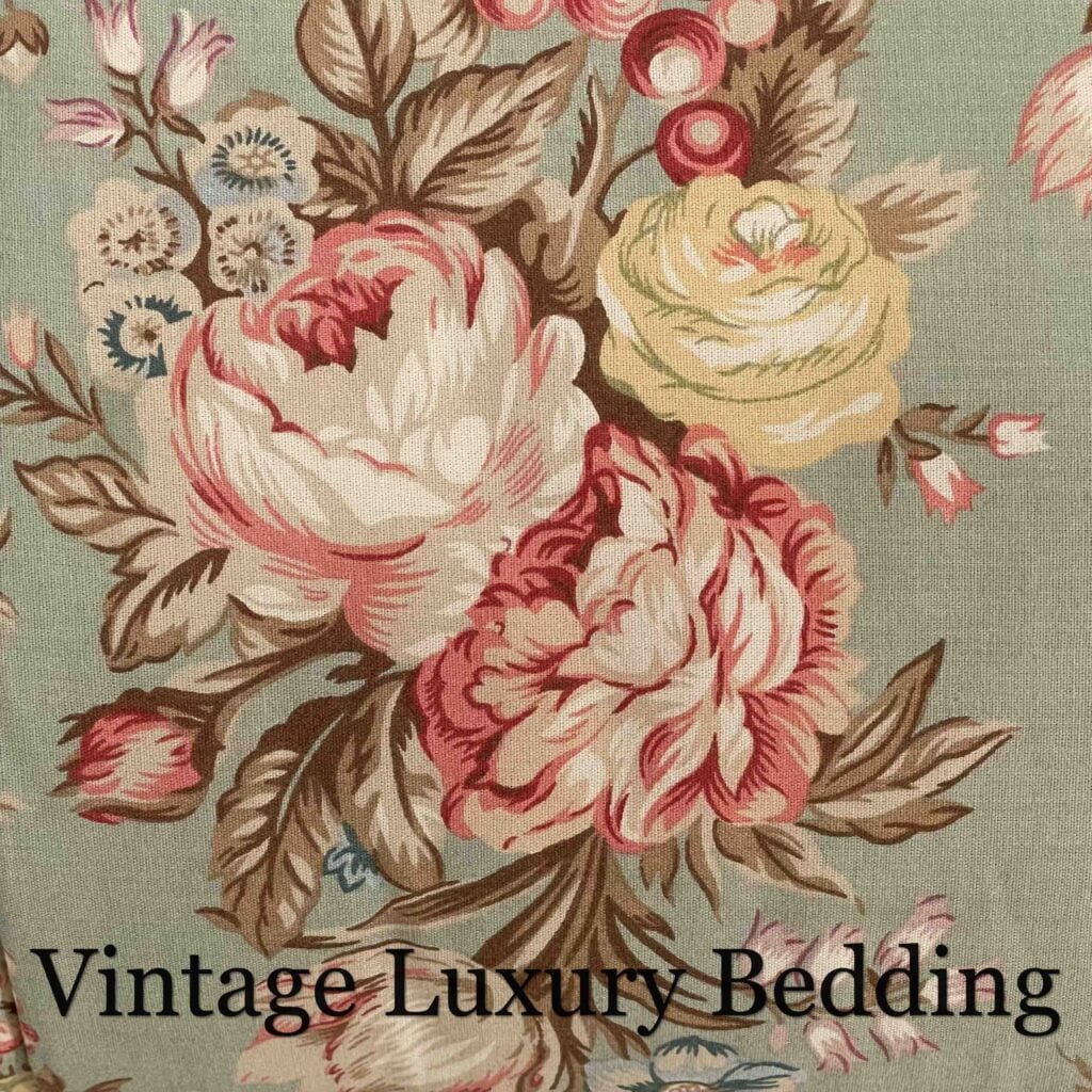 Top-down close-up of Ralph Lauren's discontinued Charlotte bedding pattern featuring romantic wildflowers and lush peonies.