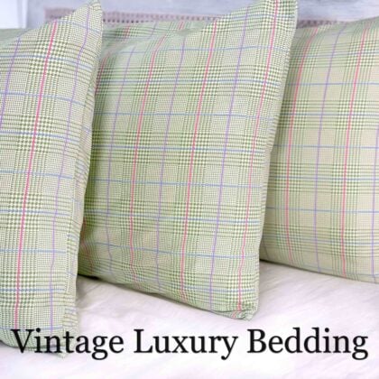 Side view of three Ralph Lauren Studio Glen Plaid Greenvale king pillowcases