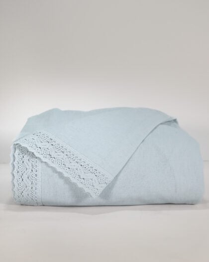 Rachel Ashwell Simply Shabby Chic pale blue full flat sheet neatly folded crochet trim edge visible front view