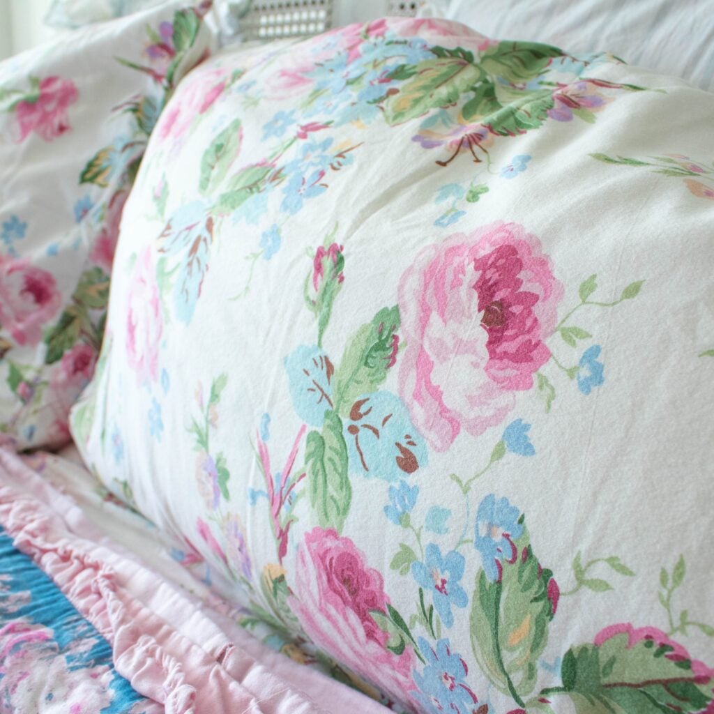 Side view of pillow inside vintage Ralph Lauren Water Floral Pink pillowcase