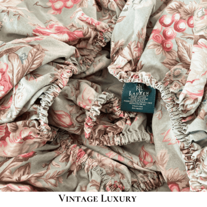 Top-down view of elastic edge on Ralph Lauren Charlotte fitted sheet