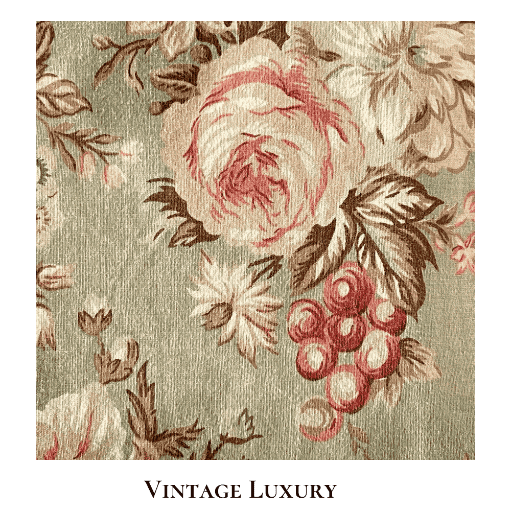 Top-down close-up of the floral pattern on the rare retired Ralph Lauren Charlotte flat sheet from the Ralph Lauren Home line, showing light red ranunculus, roses, peonies, and multicolored wildflowers on a sage green background.