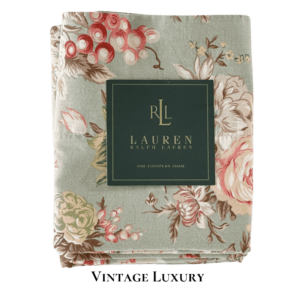 Neatly folded Charlotte pillowcase with Ralph Lauren placard on top