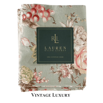 Neatly folded Charlotte pillowcase with Ralph Lauren placard on top