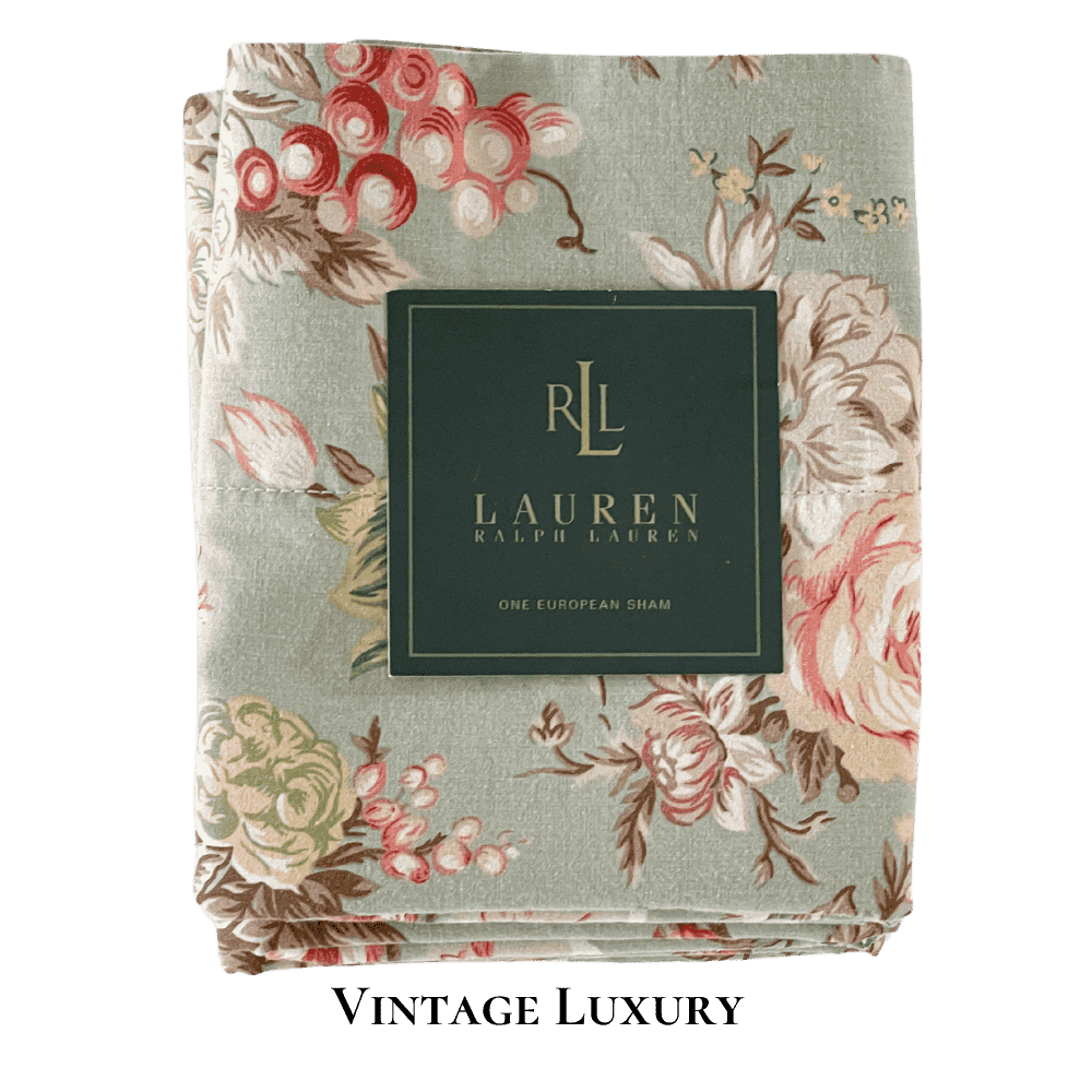 Neatly folded Charlotte pillowcase with Ralph Lauren placard on top