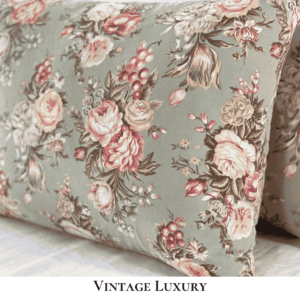 Side view of Charlotte pillowcase with pillow inside, displaying floral Ralph Lauren pattern
