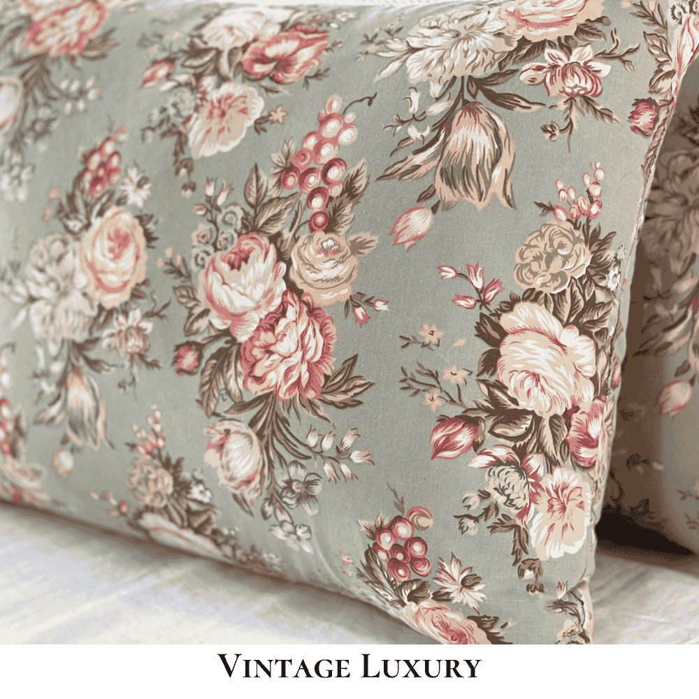 Side view of Charlotte pillowcase with pillow inside, displaying floral Ralph Lauren pattern