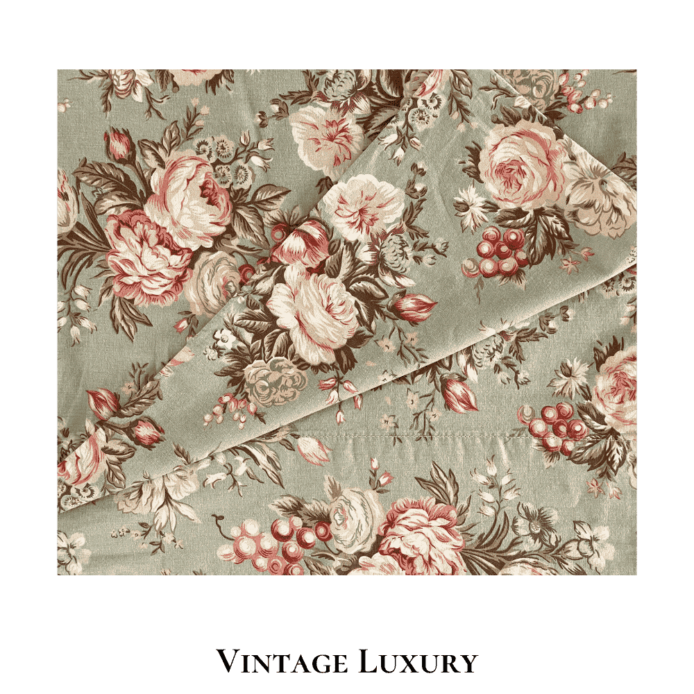 Second top-down close-up of the rare retired Ralph Lauren Charlotte standard pillowcase from the Ralph Lauren Home line, highlighting the floral pattern with roses, peonies, and wildflowers on a sage green background, with the pillow inserted.