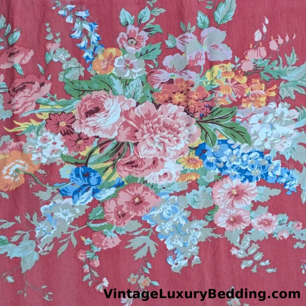 Ralph Lauren Beach House Fuchsia swatch featuring bold floral clusters in pink, coral, and blue on a vivid raspberry-red background