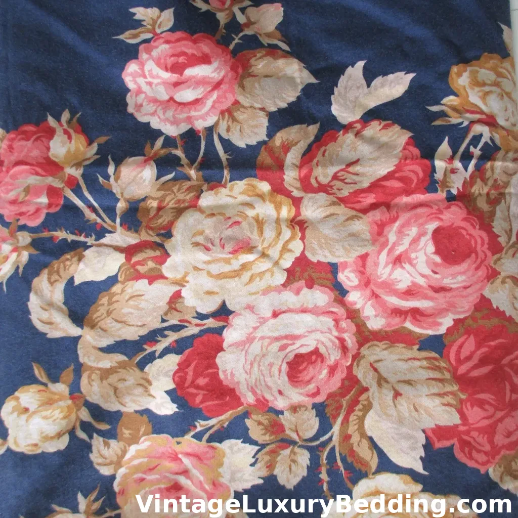 Discontinued Ralph Lauren Winslow bedding swatch with large-scale vintage roses on a navy background