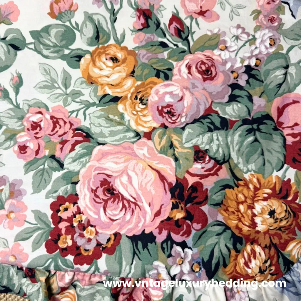Ralph Lauren Allison vintage floral bedding pattern with oversized pink, gold, and burgundy roses on a soft ivory background