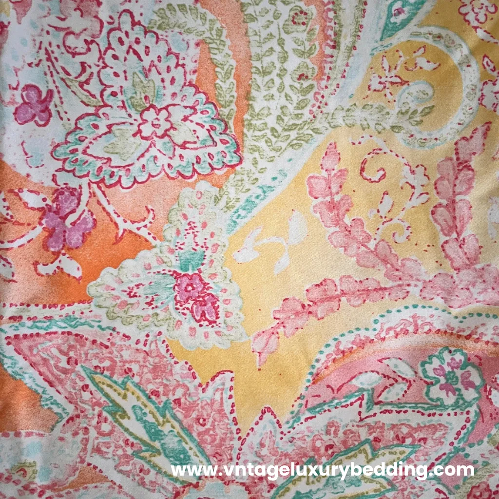 Ralph Lauren Discontinued Jamaica Paisley bedding swatch in vibrant orange, green, and pink with watercolor-style paisley design