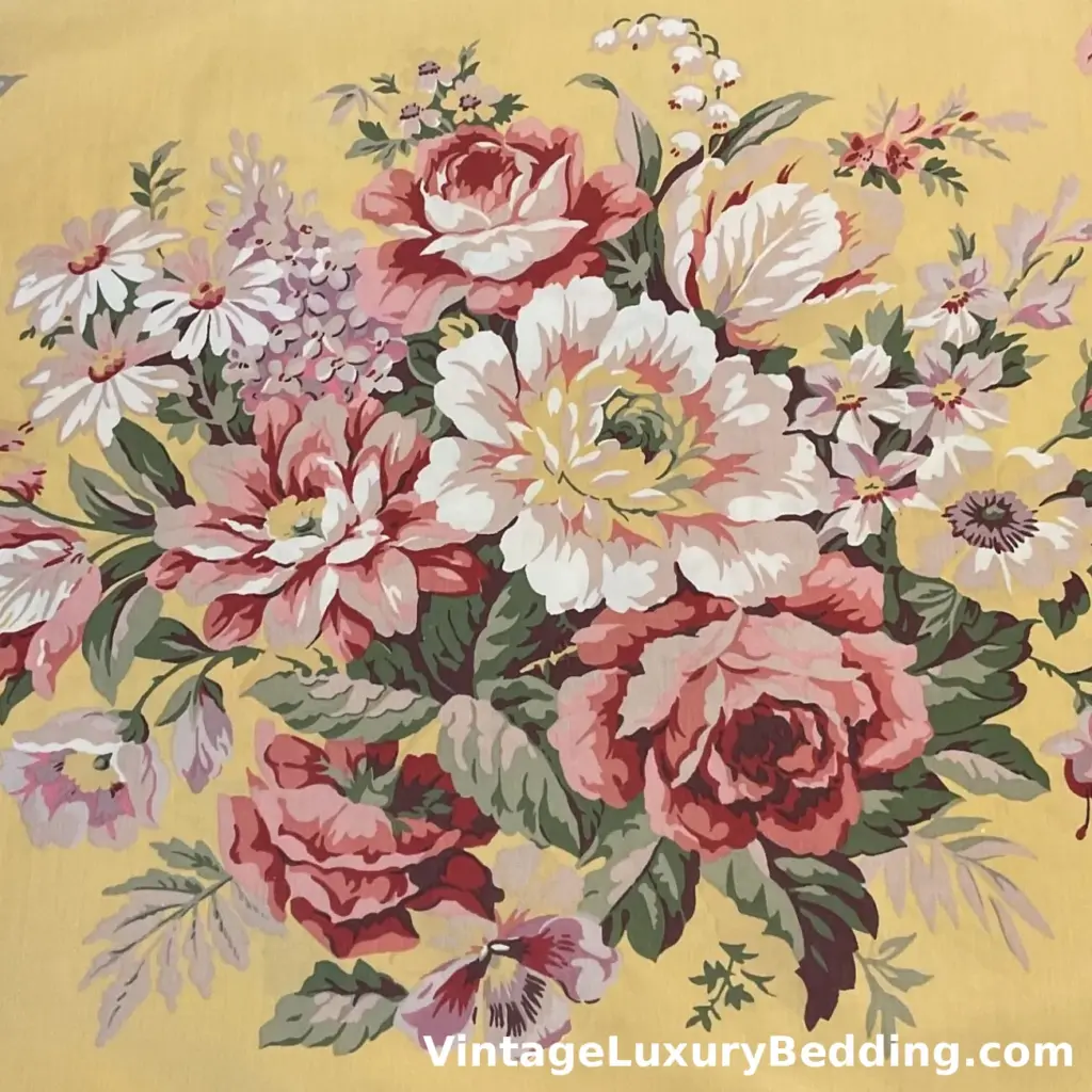 Ralph Lauren Sofie Brooke swatch featuring romantic floral bouquets in pink, white, and burgundy on a sunny yellow background