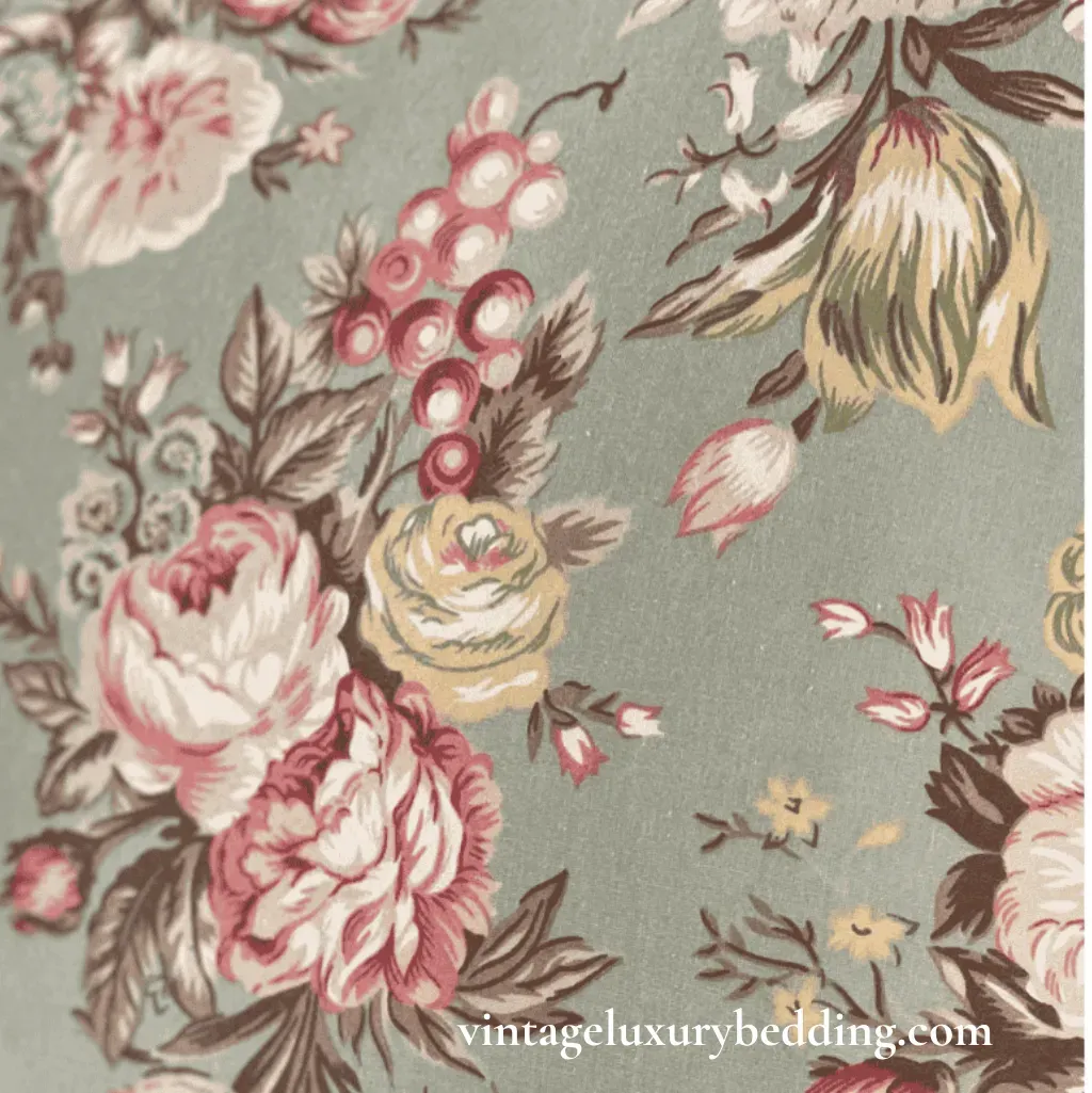 Ralph Lauren Charlotte floral swatch in discontinued pattern with pink, cream, and yellow roses on a sage green background