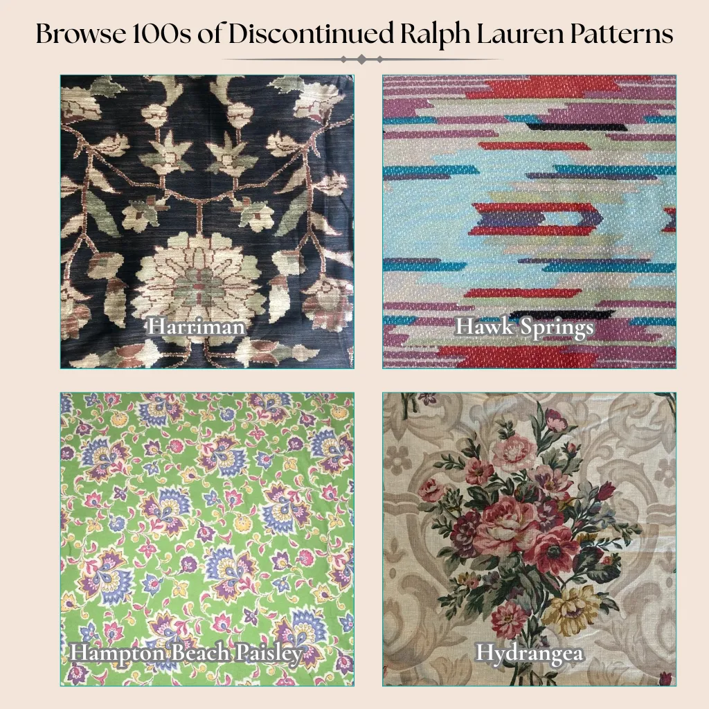 Four discontinued Ralph Lauren bedding patterns starting with H: Harriman, Hawk Springs, Hampton Beach Paisley, and Hydrangea
