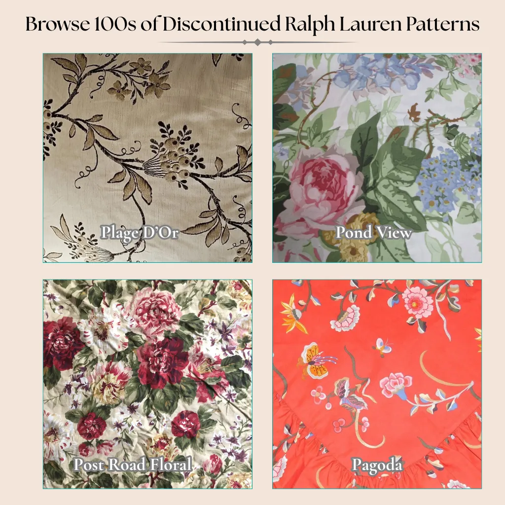 Four discontinued Ralph Lauren bedding patterns starting with P: Plage D’Or, Pond View, Post Road Floral, and Pagoda