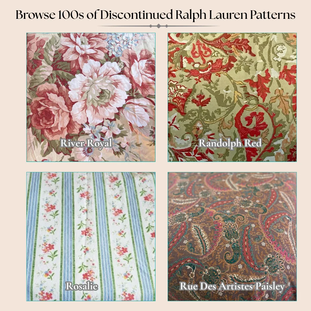 Four discontinued Ralph Lauren bedding patterns starting with R: River Royal, Randolph Red, Rosalie, and Rue Des Artistes Paisley.