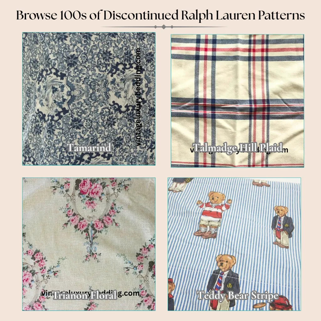 Four discontinued Ralph Lauren bedding patterns starting with T: Tamarind, Talmadge Hill Plaid, Trianon Floral, and Teddy Bear Stripe