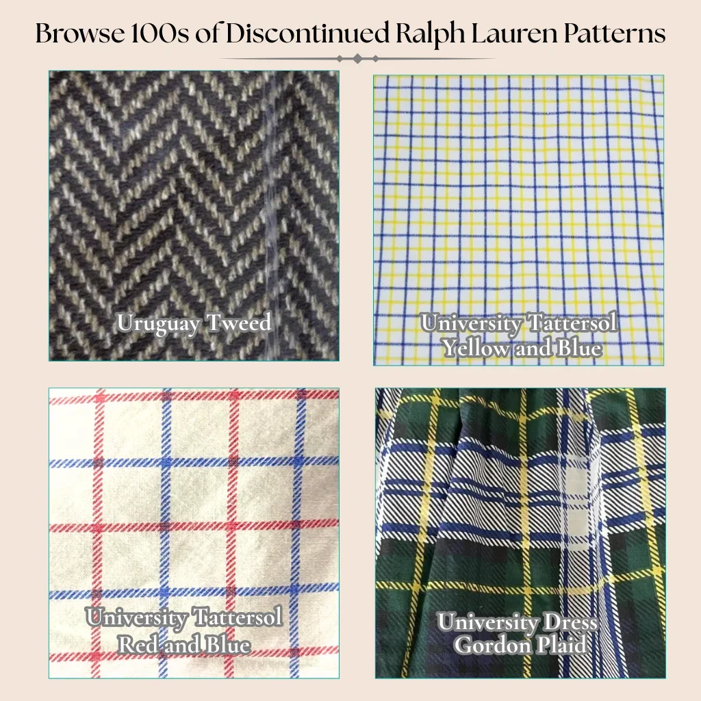 Four discontinued Ralph Lauren bedding patterns starting with U: Uruguay Tweed, University Tattersol Yellow and Blue, University Tattersol Red and Blue, and University Dress Gordon Plaid