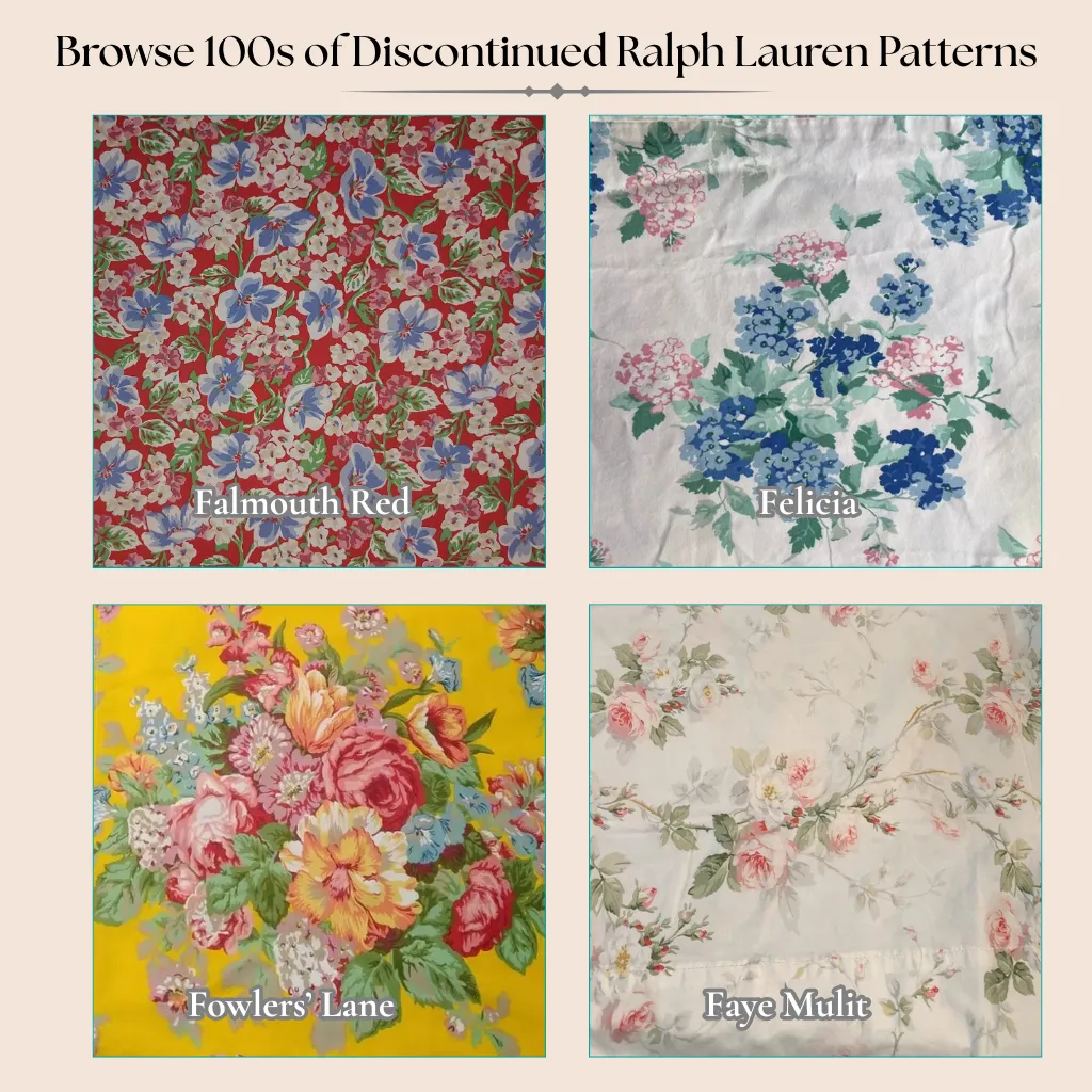 Collage of discontinued Ralph Lauren patterns beginning with F, including Falmouth Red, Felicia, Fowlers Lane, and Faye Multi.