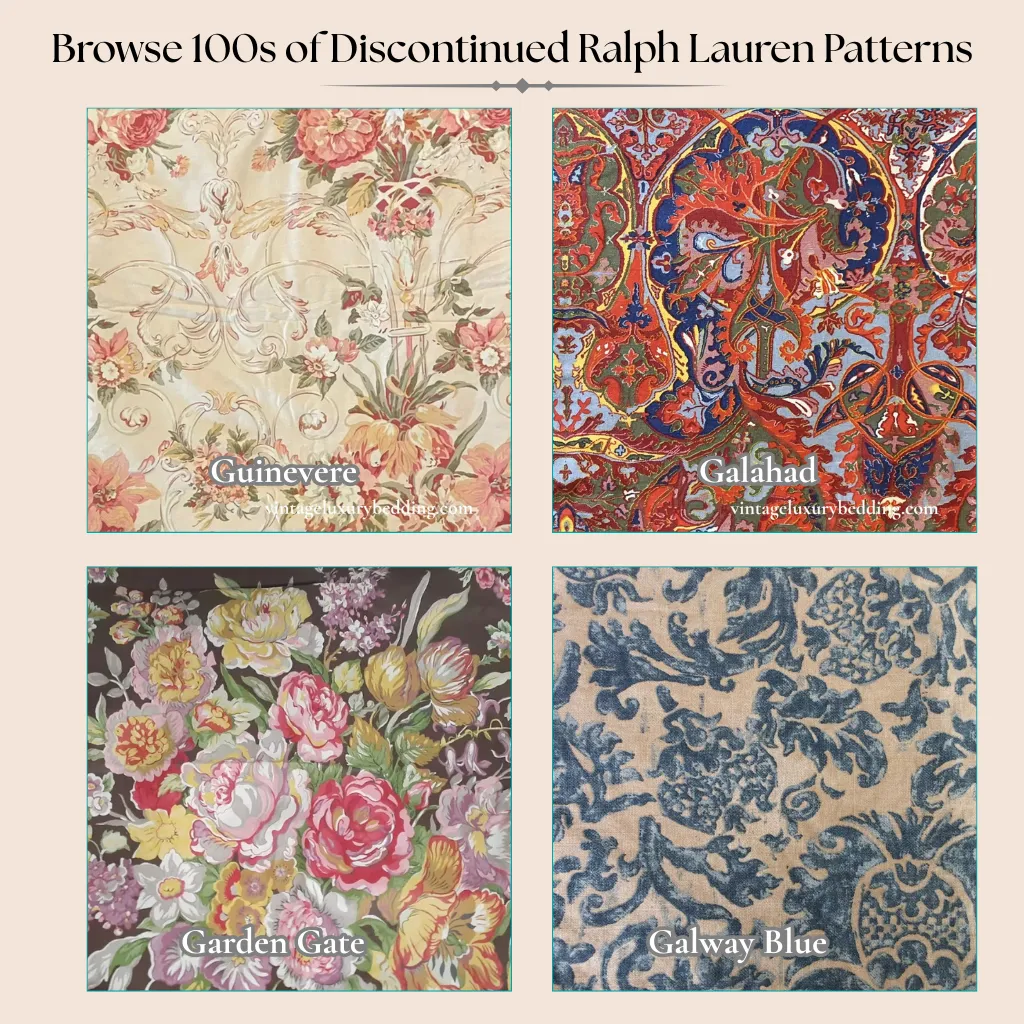 Collage of discontinued Ralph Lauren patterns beginning with G, including Guinevere, Galahad, Garden Gate, and Galway Blue.