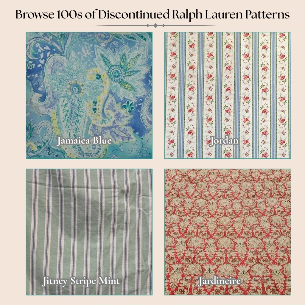 Example swatches from the discontinued Ralph Lauren J Collection, including Jamaica Blue, Jordan, Jitney Stripe Mint, and Jardineire