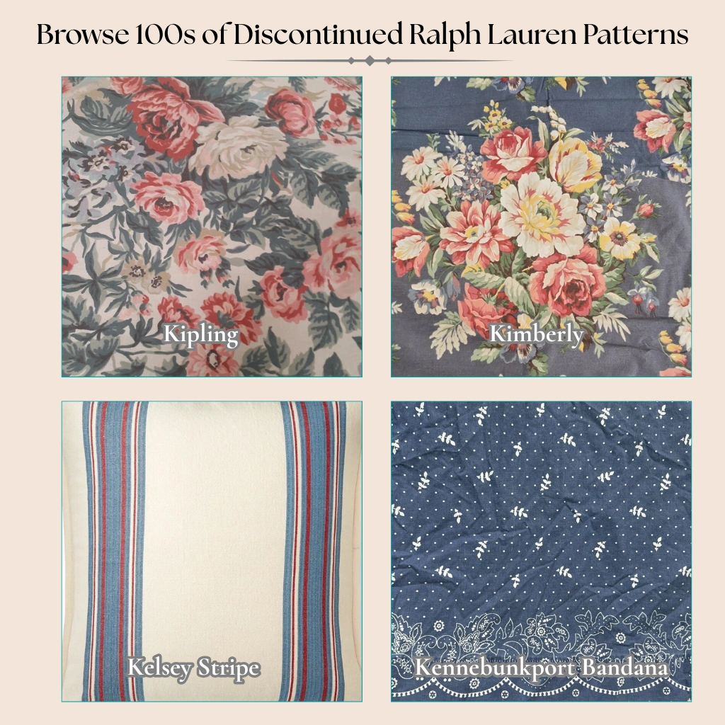 Example swatches from the discontinued Ralph Lauren K Collection, including Kipling, Kimberly, Kelsey Stripe, and Kennebunkport Bandana