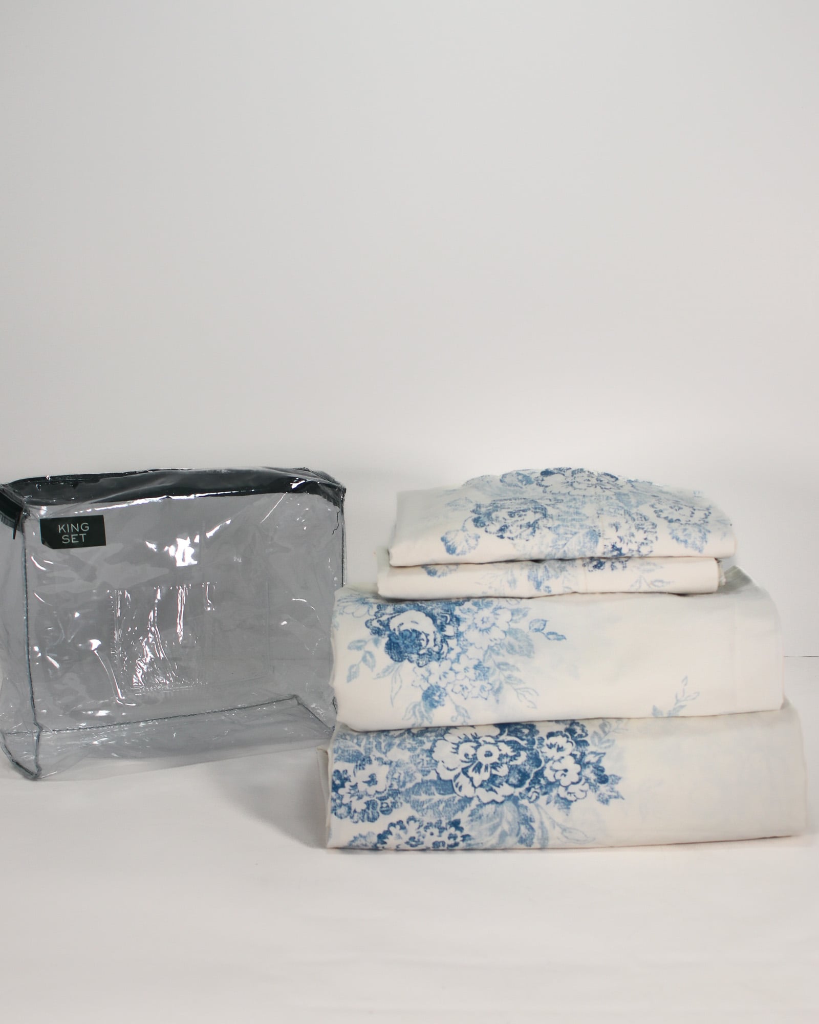 Vintage Ralph Lauren Catalina Island Floral king sheet set folded and stacked with original king set packaging