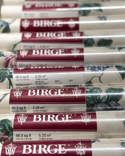 Vintage Birge wallpaper roll showing size and coverage details on original label