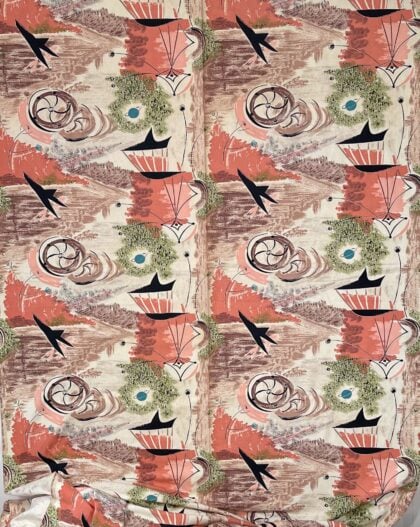 Wide view of vintage Saison Happily Married atomic barkcloth fabric with airplanes, starbursts, and space-age motifs