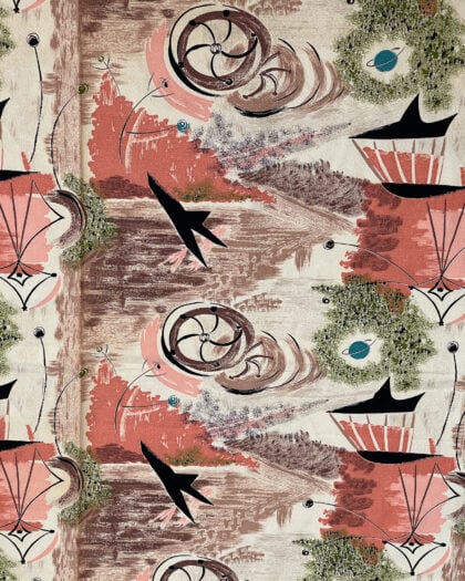 Medium view of vintage Saison Happily Married atomic barkcloth with airplane and starburst print in coral, black, and neutral tones