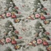 Overall view of chinoiserie scenic pagoda garden landscape drapery fabric with floral and architectural motifs