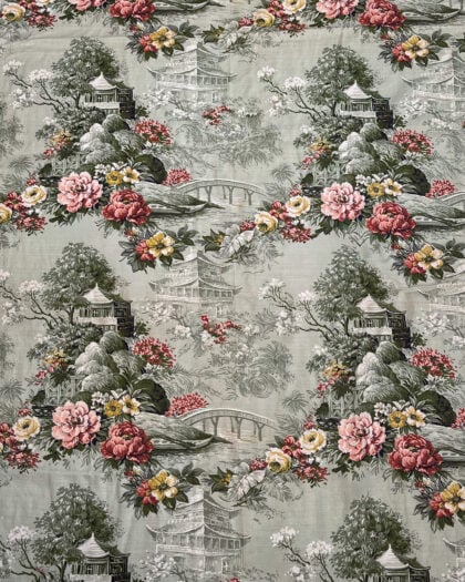 Overall view of chinoiserie scenic pagoda garden landscape drapery fabric with floral and architectural motifs