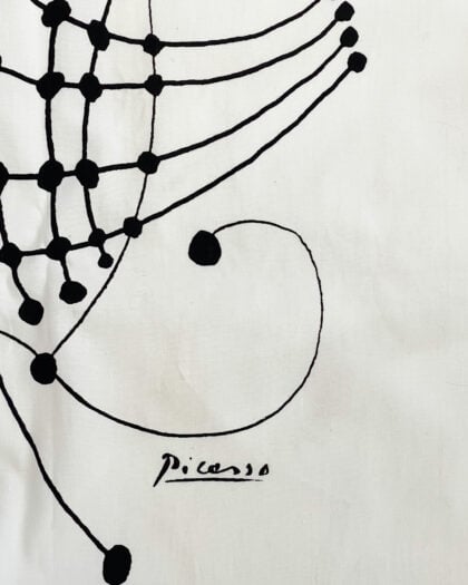Close-up of Picasso signature printed on Bloomcraft licensed Lines and Dots fabric panel