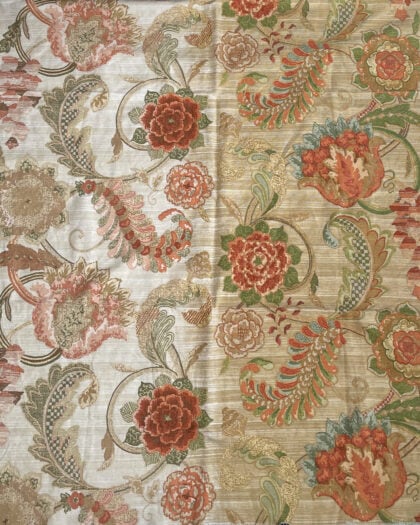 Medium top-down view of fading on Schumacher Aragon Panel floral fabric remnant
