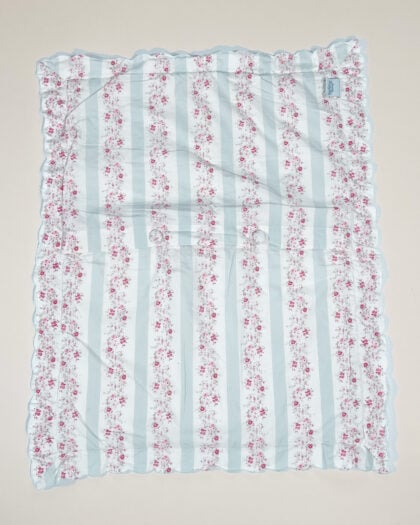 Full flat lay of Simply Shabby Chic Blush Beauty quilted sham with scalloped edges and blue striped floral pattern