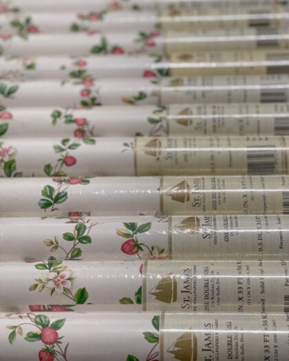 St. James TJ9159 wallpaper label showing pattern number repeat and match details